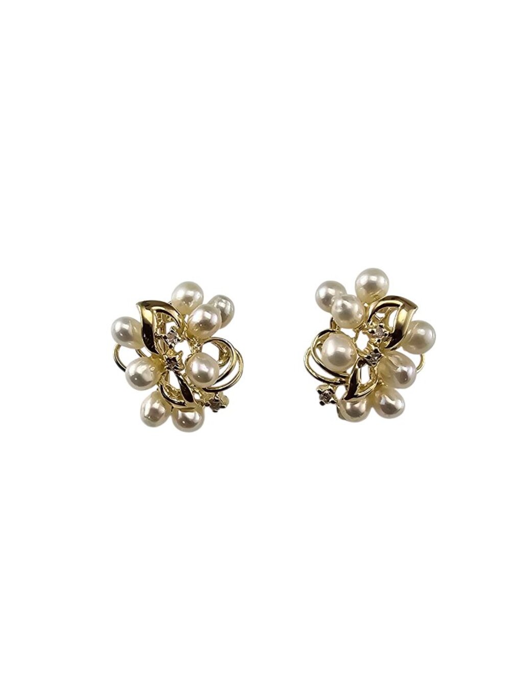 14K Yellow Gold Pearl and Diamond Cluster Omega Back Earrings #23568